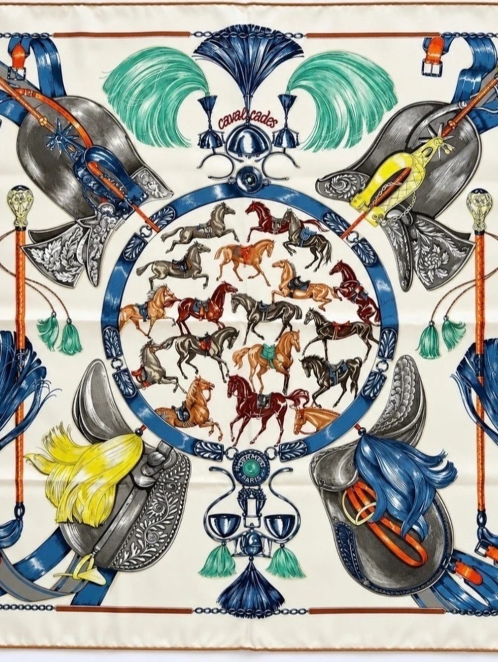 Hermès Cavalcadour Carré 90 Silk Scarf White & Blue